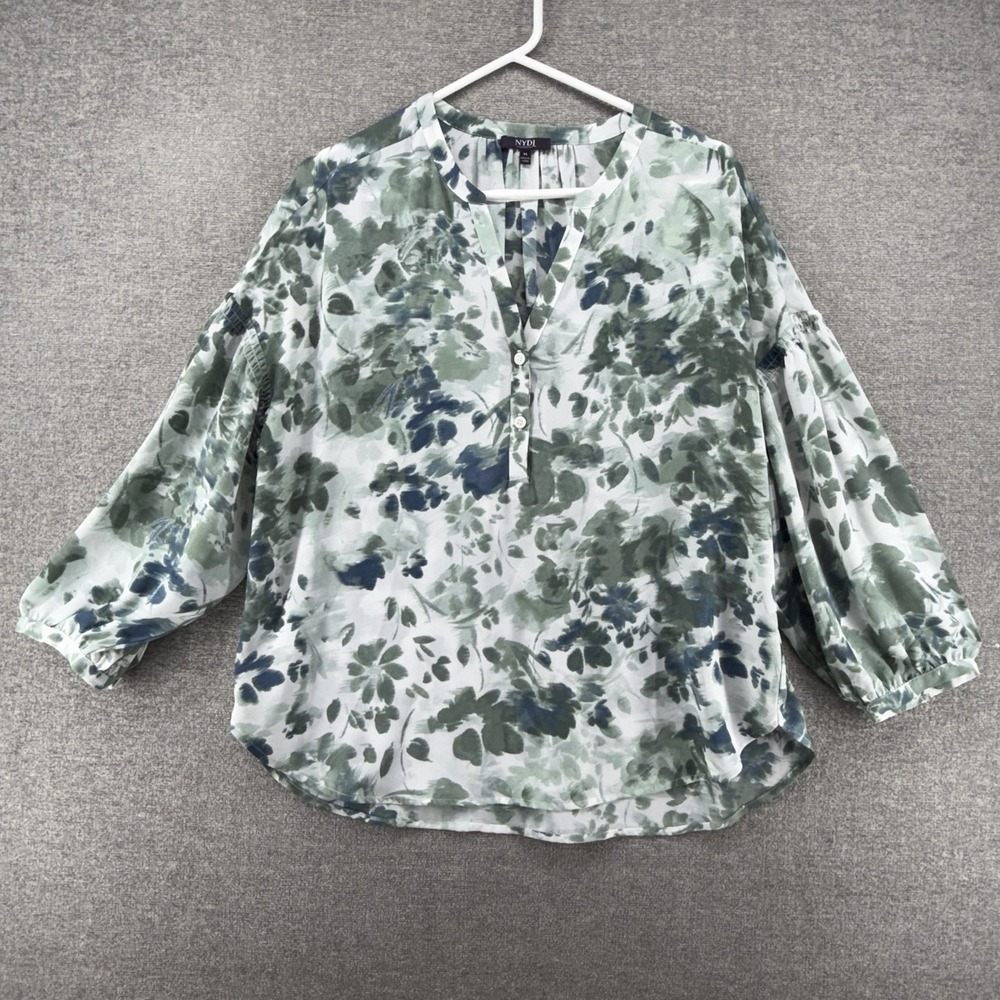 NYDJ Paulina Peasant Blouse Top Women Size Medium Green Floral Casual